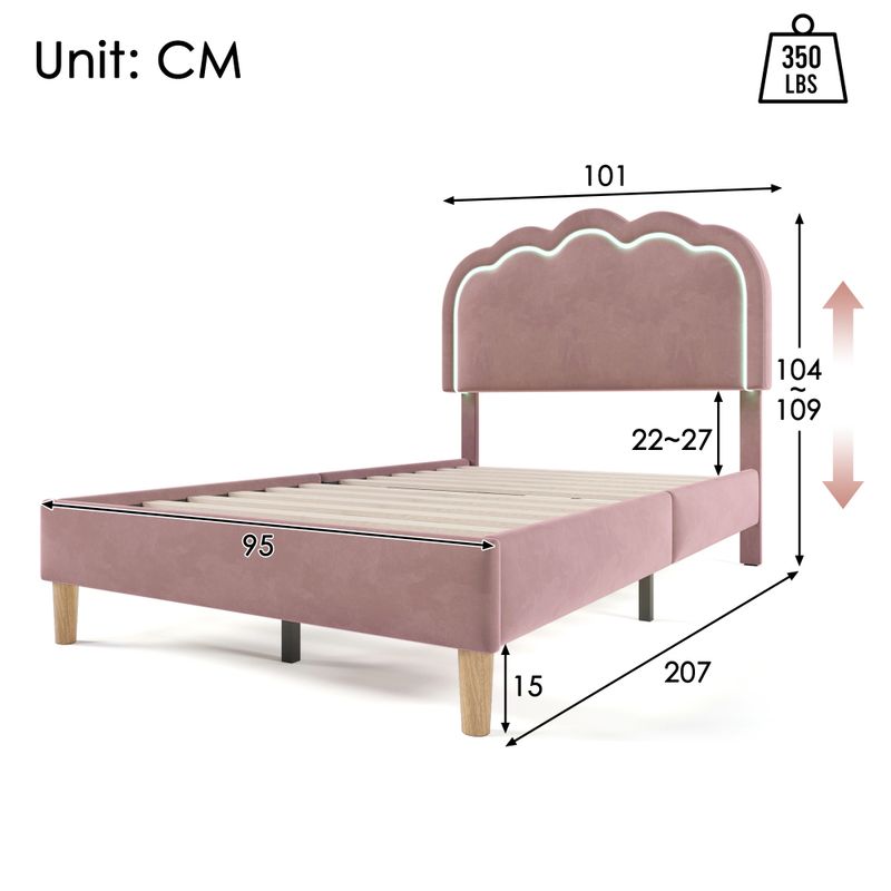 Polsterbett LED Einzelbett 90 X 200cm, Bettgestell Mit Lattenrost und Verstellbares Kopfteil, Bettrahmen Jugendbett Für Schlafzimmer Gästezimmer-Samt_voghion.com