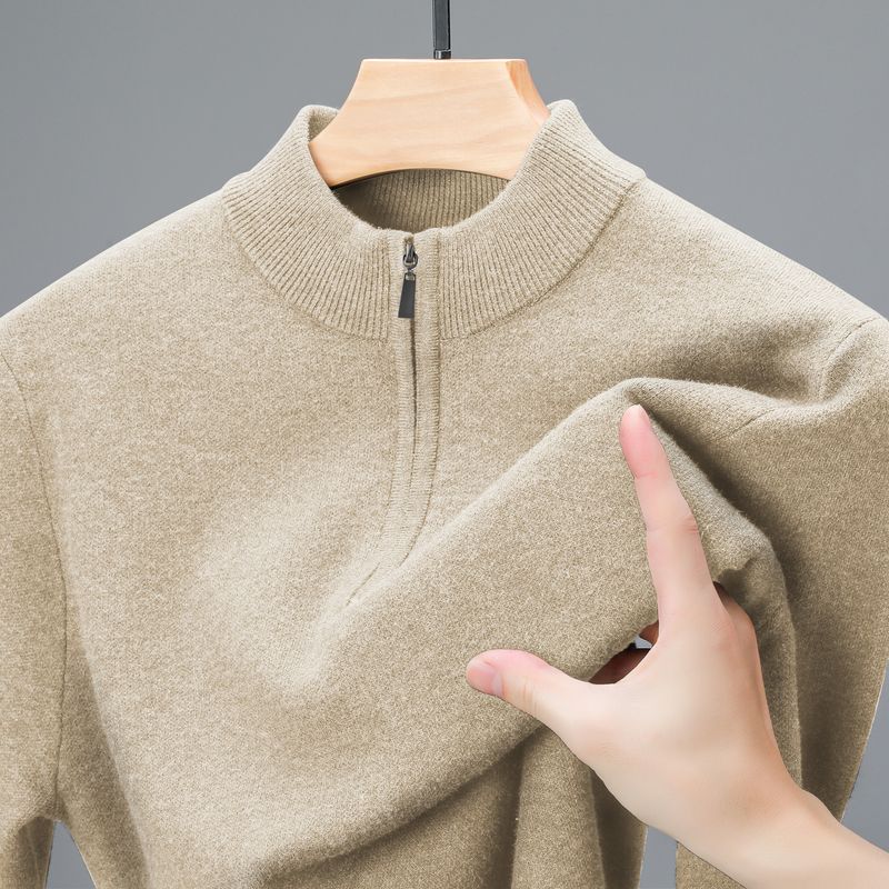 Maglione lavorato a maglia da uomo, nuovo, autunno inverno, collo alto, tinta unita, mezza cerniera, versatile, base, maglietta_voghion.com