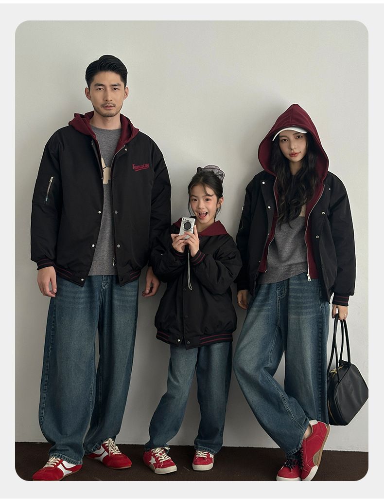 Cappotto invernale con cappuccio ricamato in stile coreano – Giacche coordinate per la famiglia, per genitori e bambini (80 cm-3XL, nero/classico)_voghion.com
