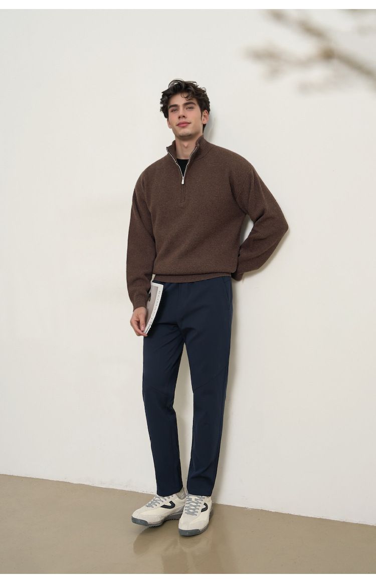 Suéter masculino de malha com gola alta e zíper, estilo japonês casual, em lã mista, ideal para outono e inverno._voghion.com