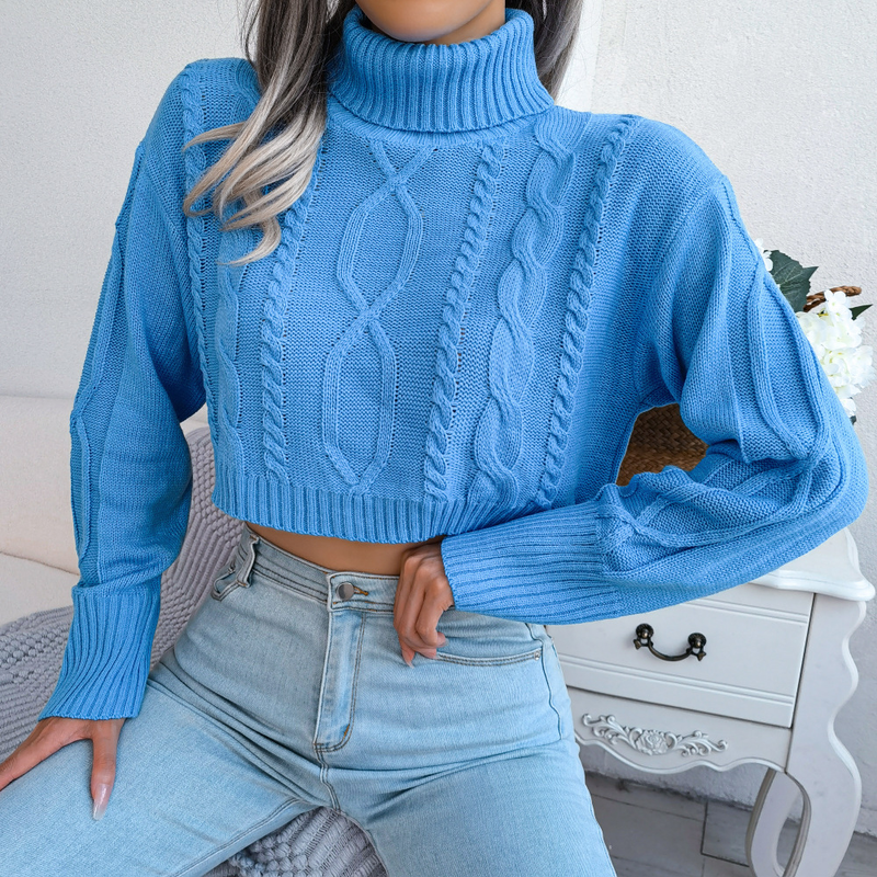 Maglione da donna a maniche lunghe a collo alto corto in tinta unita lavorato a maglia a coste, casual, morbido e ampio_voghion.com