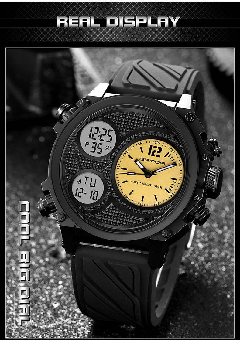 SANDA LED Digital Sport Watches 50m Waterproof Electronic Wristwatch Three Time Display Quartz Watch for Men Alarm Clock_voghion.com
