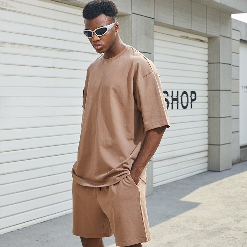 Herenkleding Hoge kwaliteit Zware zuivere katoen Korte mouwen T-shirt Shorts Bijpassend pak Zomer Casual 2-delige set voor mannen en vrouwen_voghion.com