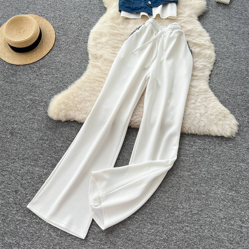 Women's Casual Summer Outfit Set - Denim Patch Short Sleeve Top + High Waist Wide Leg Pants, Two-Piece Matching Set_voghion.com