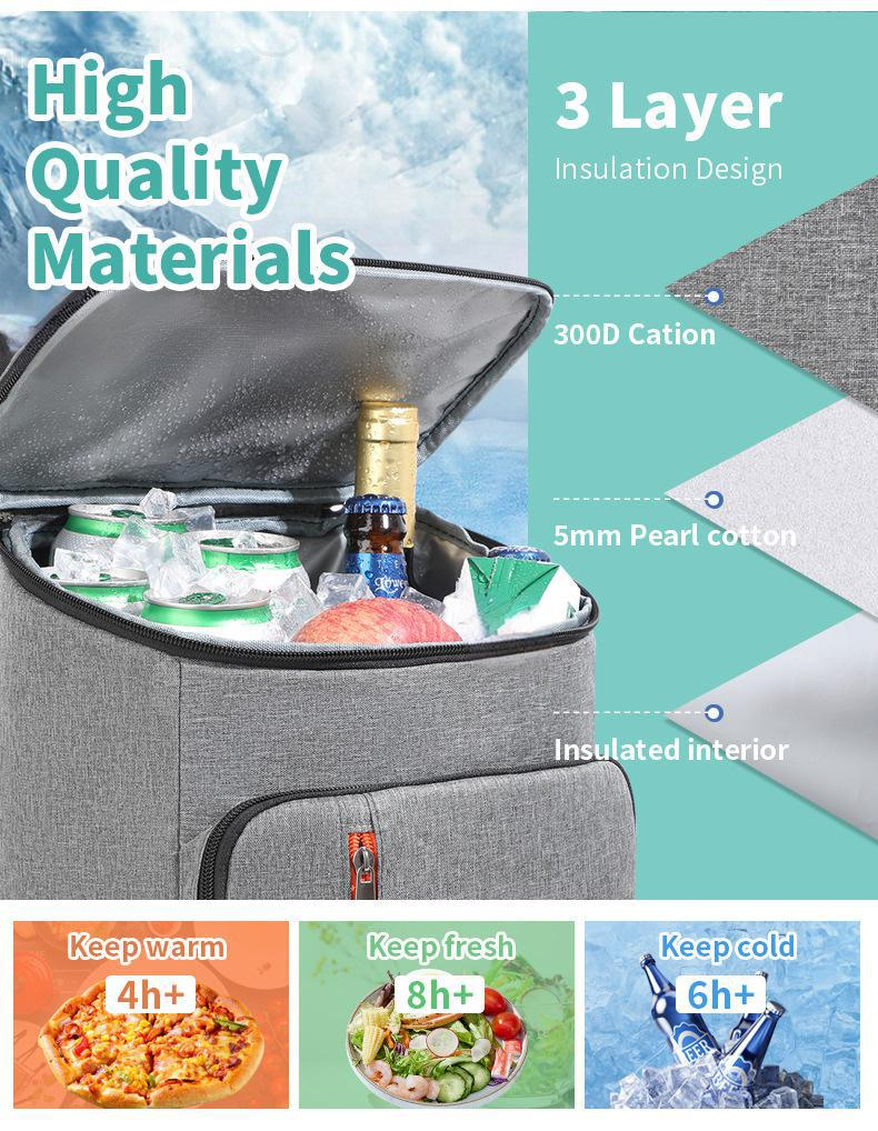 Isolierter Rucksack-Kühler, große Kapazität, Picknicktasche mit dickem Futter aus Aluminiumfolie, auslaufsicher, hält 12 Stunden kalt_voghion.com