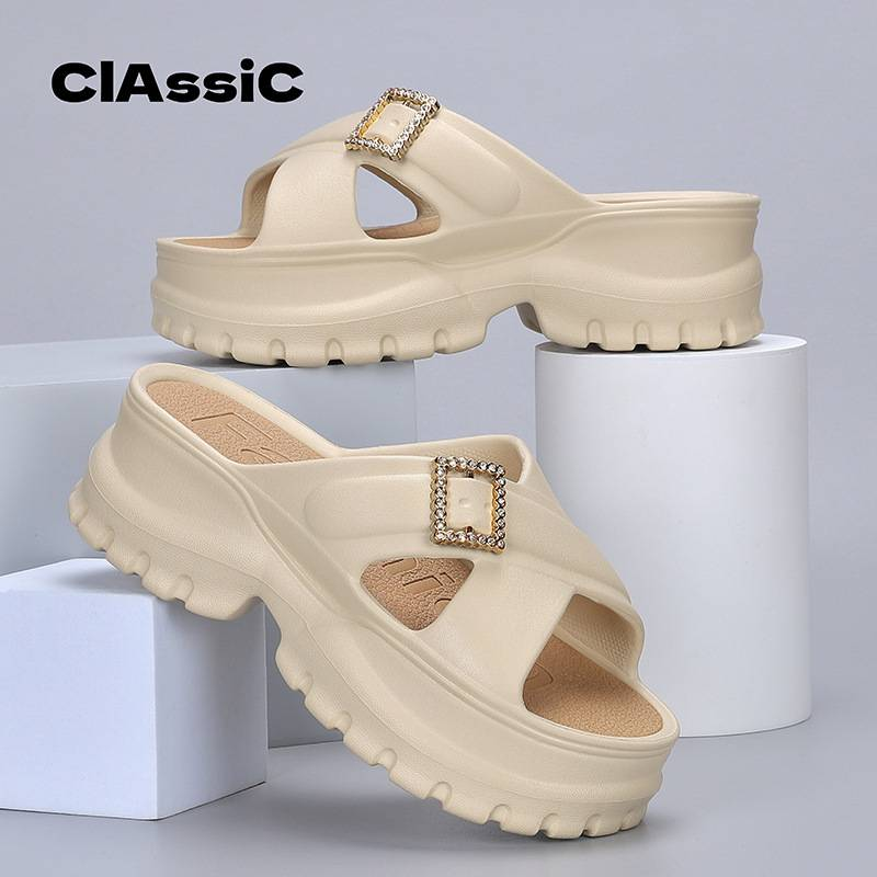 Extra dicke Plateausandalen für Damen – Wolkenähnliche EVA-Slides mit Fußgewölbeunterstützung | Sommer-Strandschuhe (Weiß/Schwarz/Khaki) Größen 36-41_voghion.com
