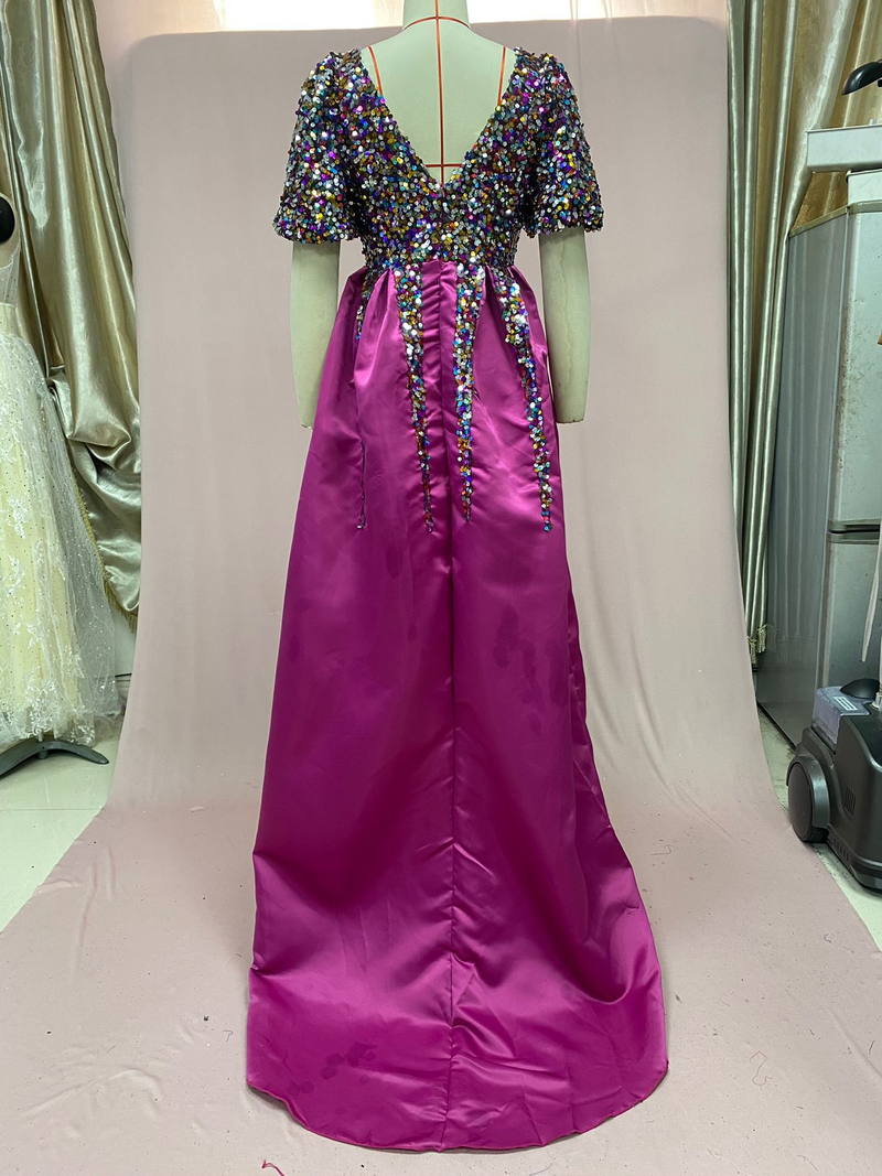 Vestido feminino com lantejoulas, grande fenda e decote em V, vestido de festa para noite_voghion.com