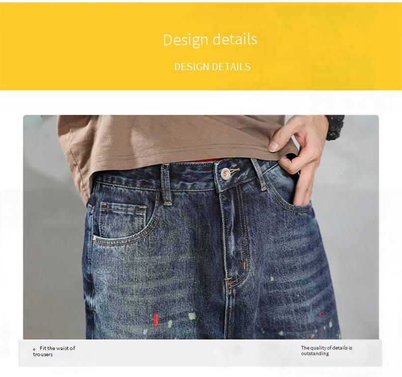 Men's High-Street Distressed Paint-Splatter Jeans – Ripped & Washed, Straight-Leg Relaxed Fit (Sizes 28-38, 80% Cotton Stretch, Vintage Blue)_voghion.com