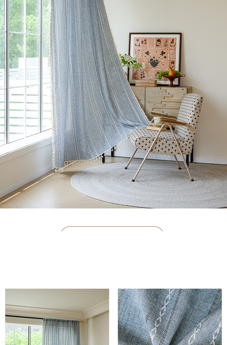 Cortinas semitransparentes de algodão e linho - Bordados minimalistas e designs listrados para cozinha, quarto e divisórias de ambientes (várias cores e tamanhos disponíveis)_voghion.com
