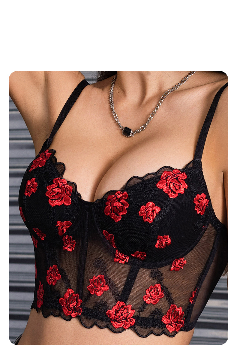 Exquisite Rose Lace Embroidered Sheer Mesh Bra Set With Adjustable 3-Row Hook & Eye Closure - Sensual Bustier Corset For Women_voghion.com