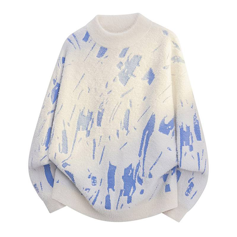 Men's Splatter Print Loose Knit Sweater - Casual Crewneck Pullover For Spring & Autumn, Comfortable Stretch Fabric, Trendy Oversized Fit_voghion.com