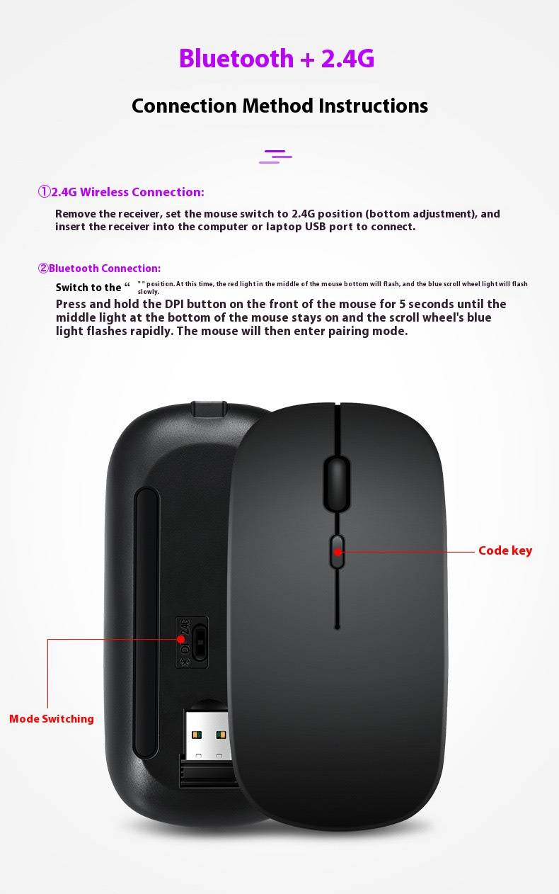 Sessiz Kablosuz Bluetooth ve 2.4G Çift Modlu Şarj Edilebilir Fare – 1600 DPI, 4 Tuşlu Ergonomik Tasarım, Dizüstü Bilgisayarlarla Uyumlu_voghion.com