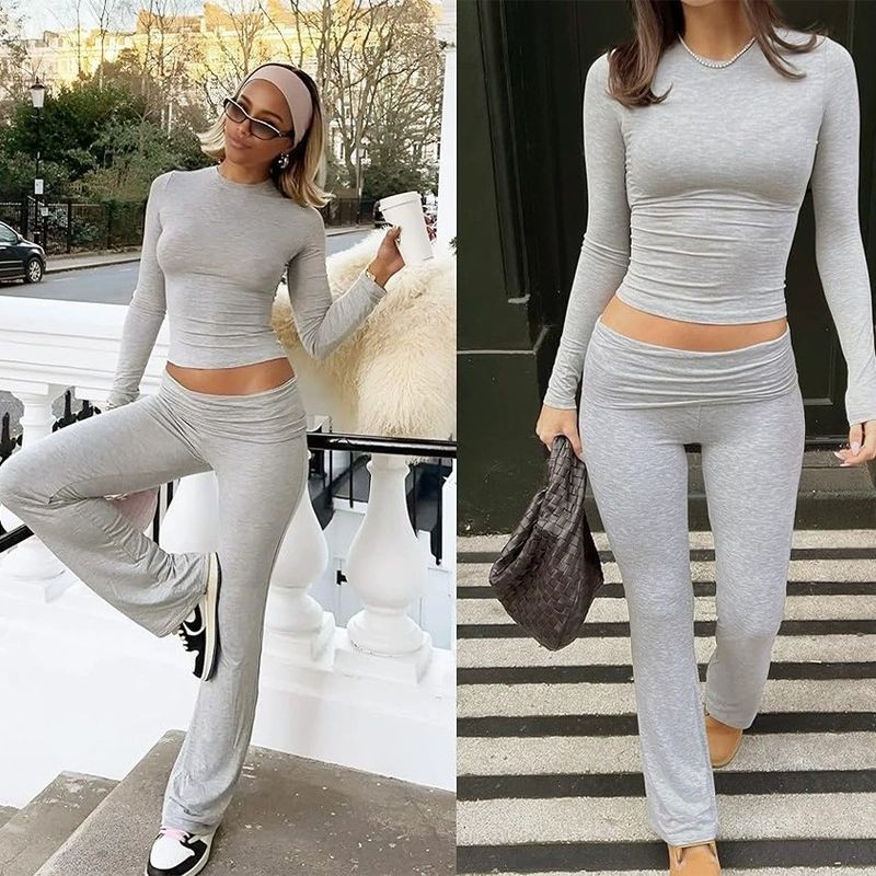 Ensemble deux pièces décontracté pour femme, manches longues, col rond, pantalon évasé taille basse, survêtement tendance_voghion.com