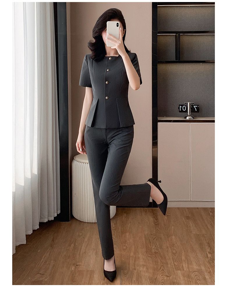Abito professionale grigio a maniche corte per donna, guida per negozi di gioielli, reception di saloni di bellezza, direttore d'hotel_voghion.com
