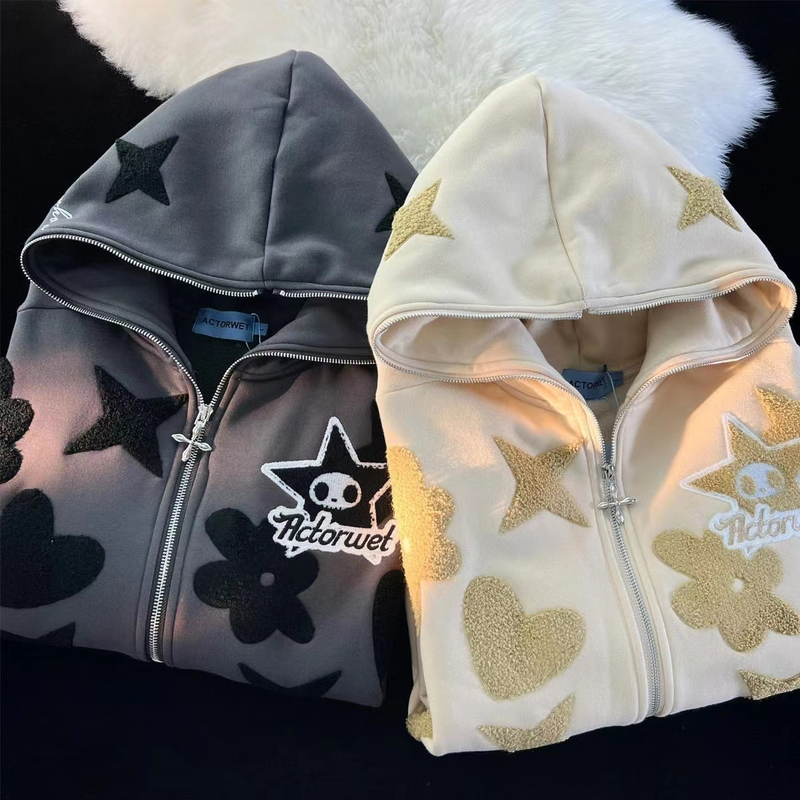 2023 New Star Pattern Print Full Face Zipper Harajuku Zip-Up Hoodie Sweatshirt Jacket_voghion.com