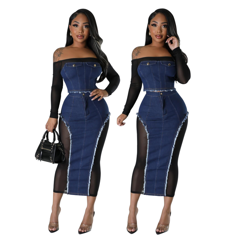 Conjunto de dos piezas de falda de pecho transparente con costura vaquera de gasa a la moda para mujer_voghion.com