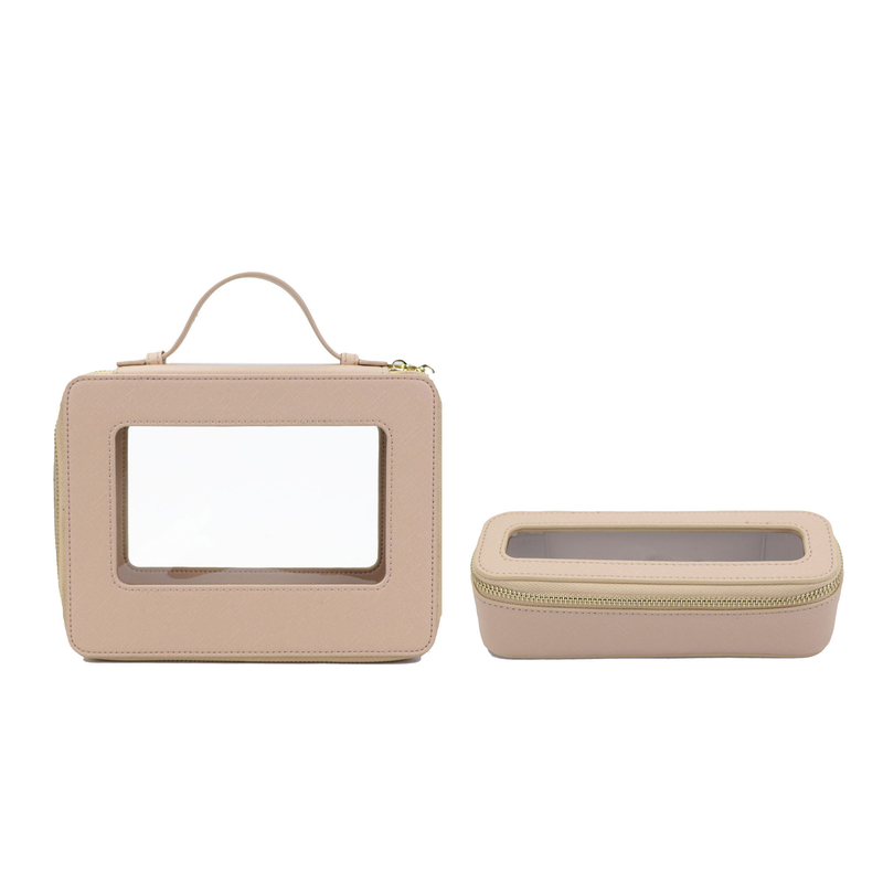 Set de geantă cosmetică personalizată din piele naturală, colorată, clasică, Saffiano, portabilă, pentru călătorii, geantă cosmetică transparentă din PVC, geantă de spălat TPU_voghion.com