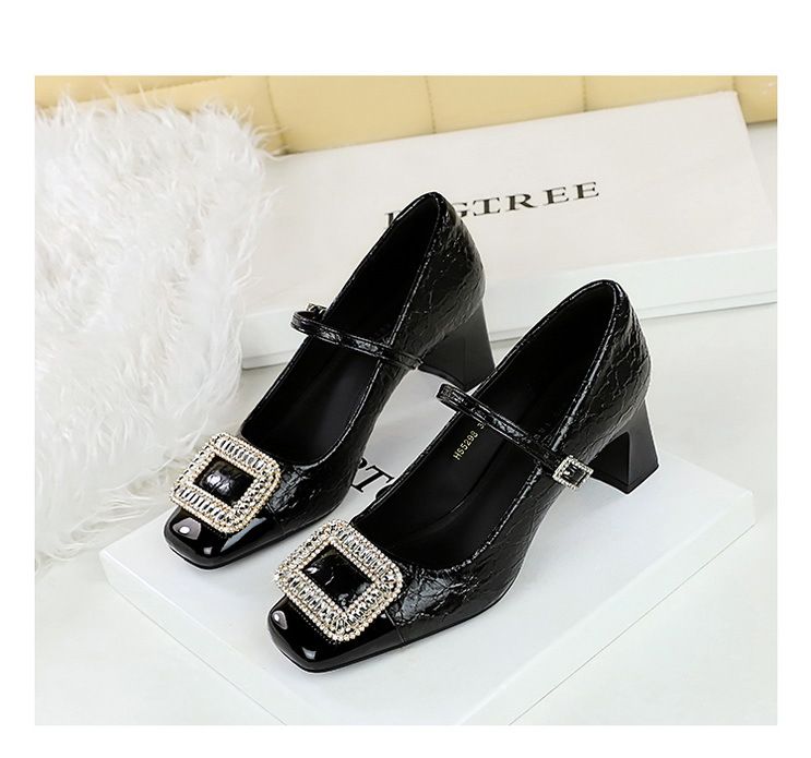 5298-K32 Scarpe da banchetto da donna con tacco medio grosso, punta quadrata, cinturino con fibbia in metallo con diamanti e bocca leggera, con blocchi di colore_voghion.com