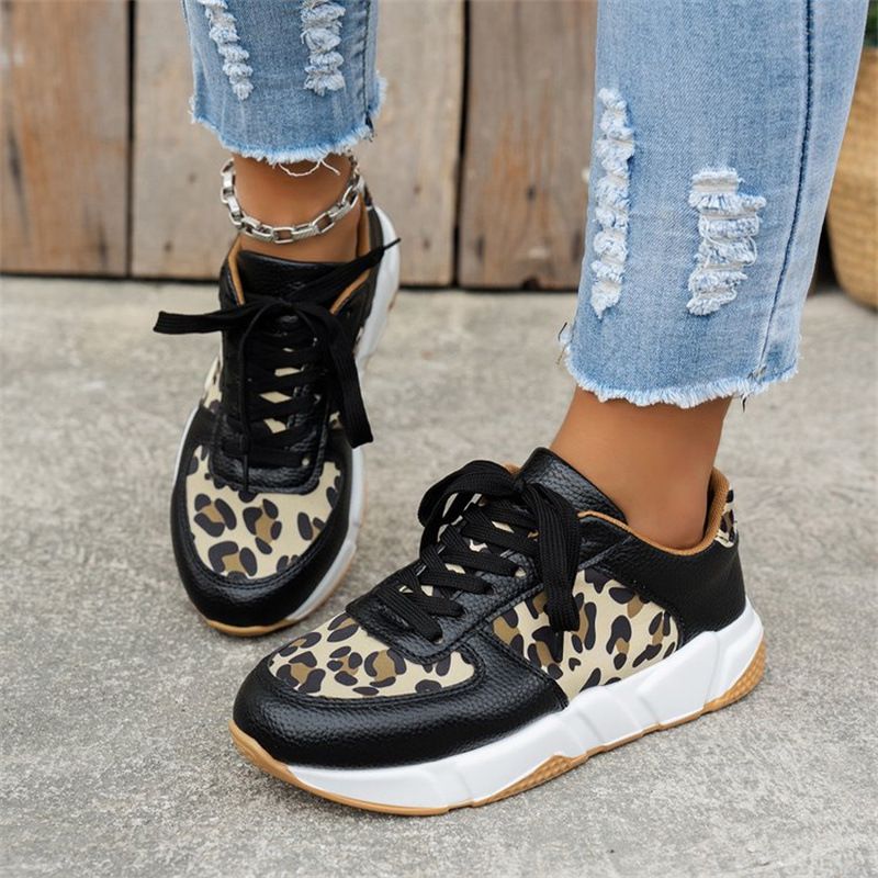 Big size new spliced lace-up sneakers low top leopard print sports casual shoes for women_voghion.com