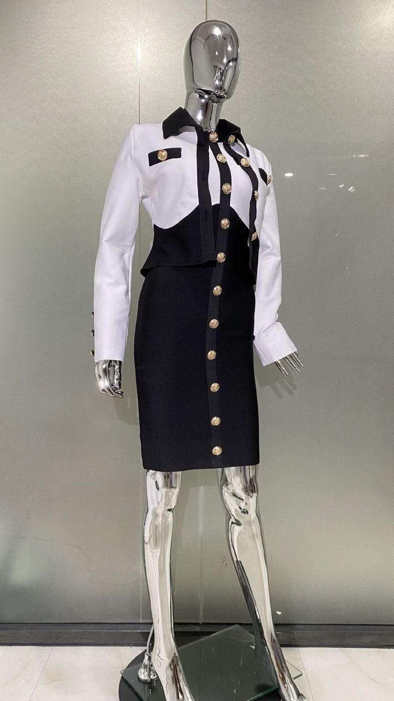 Damenbekleidung Mode schwarz-weiße farbecht passende Bandage Anzug Metallknopf Strickjacke Jacke + ärmelloses Kleid_voghion.com