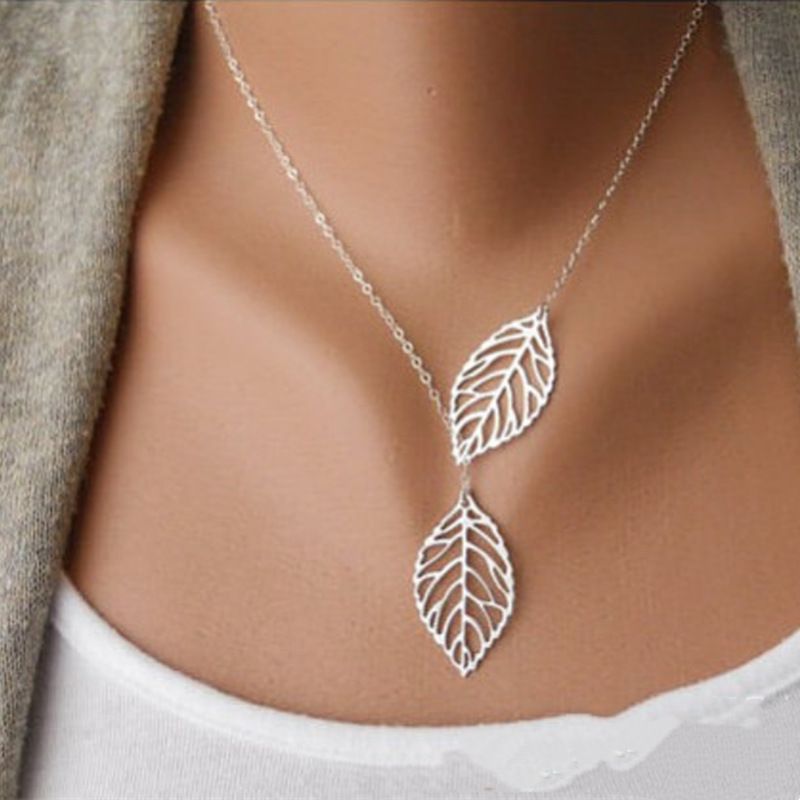 Hot Salg Ny Mode Dobbelte Blade Kvinder Boho Simple Legering Nøgleben Halskæde Blad Vedhæng Halskæder Kraver Tilbehør Smykker_voghion.com