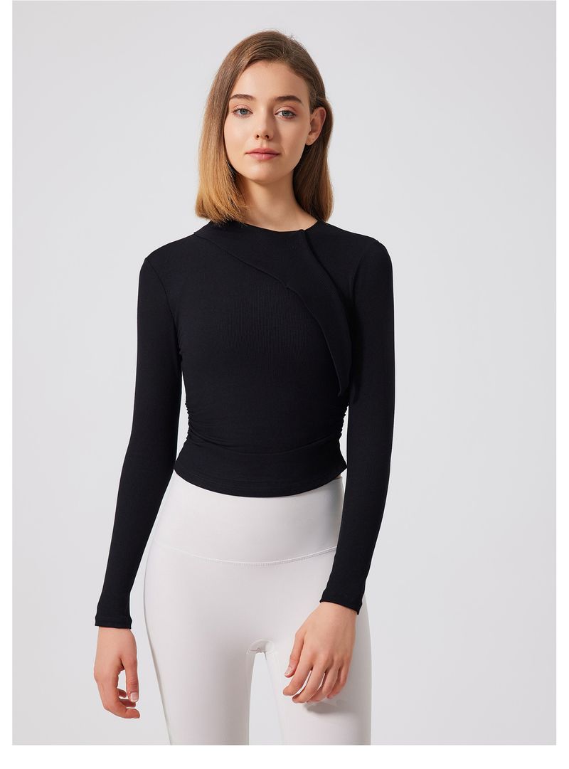 Maglia da yoga a collo alto a coste autunno-inverno, maglia sportiva aderente a maniche lunghe da donna, maglietta da corsa, allenamento e_voghion.com