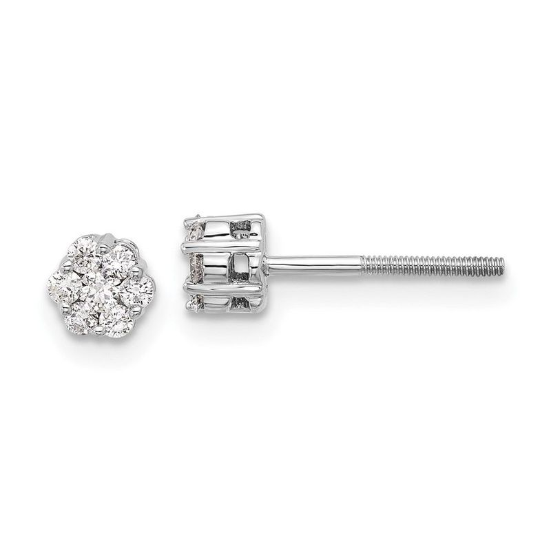 14k White Gold Diamond Cluster Screwback Post Earrings_voghion.com