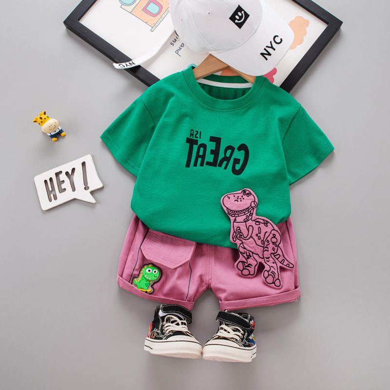 Jongen 3D Dinosaurier Kuerzärmel Set 2024 Nei Kanner Cool a Modesch Summerbabykleeder_voghion.com