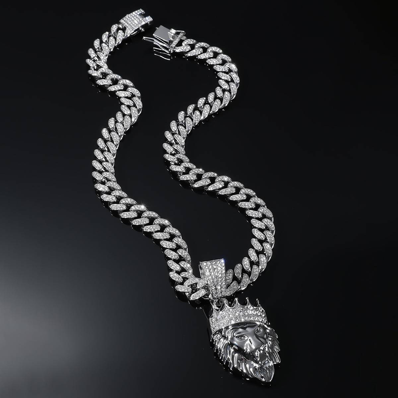 Fashion Shiny Crystal Crown Lion Animal Pendant Cuban Necklace For Women Men Iced Out Zircon Tennis Chain Necklace Hip Hop Jewelry_voghion.com