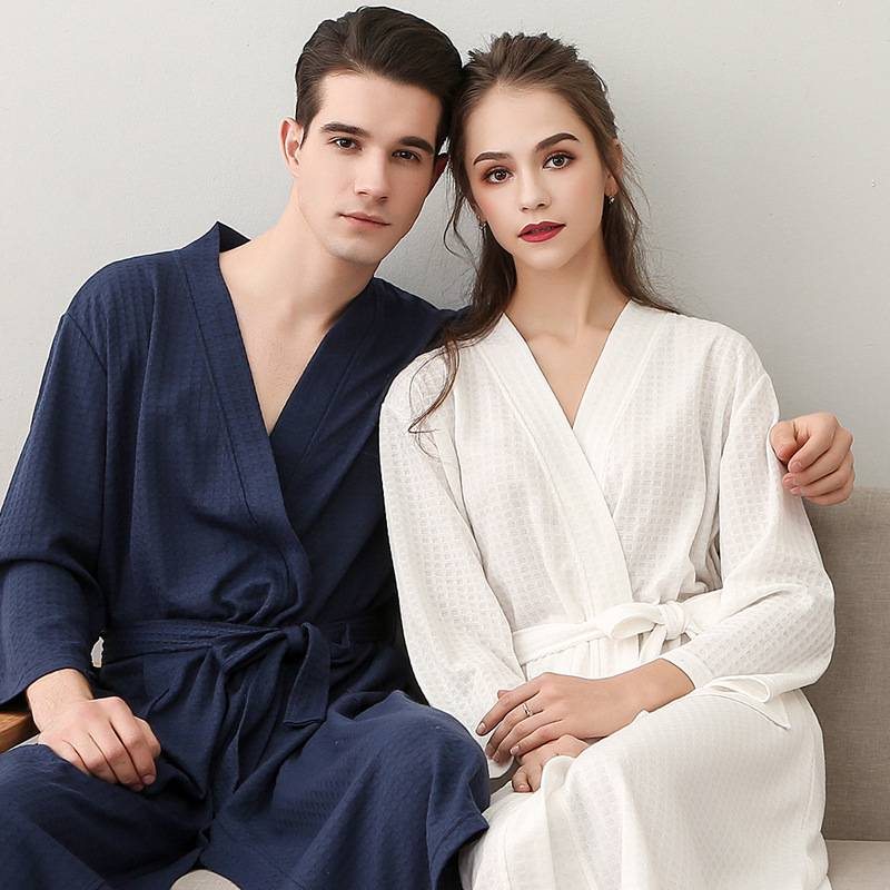 Peignoir de bain printemps et été pour femme, chemise de nuit fine en gaufre pour couple, hommes et femmes, manches trois-quarts, version coréenne, peignoir absorbant_voghion.com