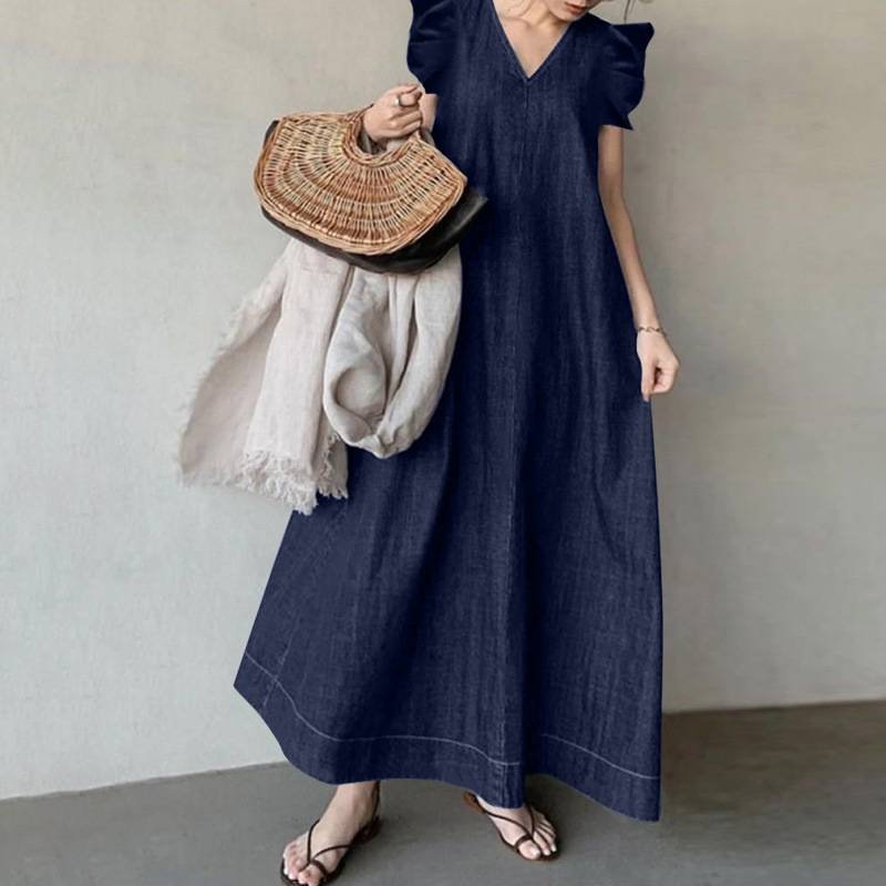 Vintage Denim Feste Kleid 2025 Sommer Neue Einfache Rüschen Ärmellose Lange Kleider Weibliche Casual Büro A-linie Lose Vestidos_voghion.com