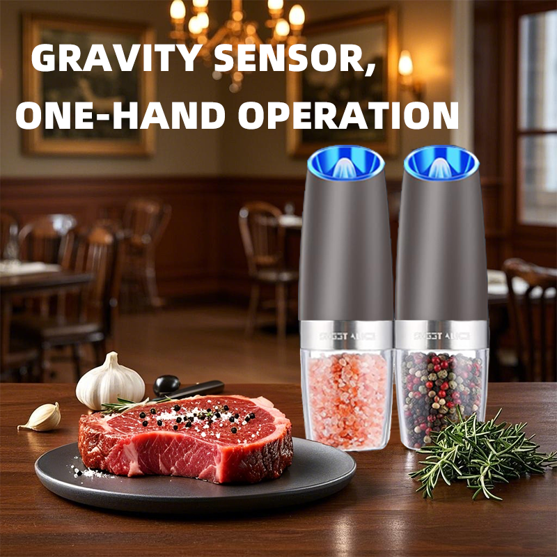 Gravity Electric Pepper/Salt Grinder Set, Adjustable Roughness, Battery Powered With LED Light, One-Hand Automatic Operation_voghion.com