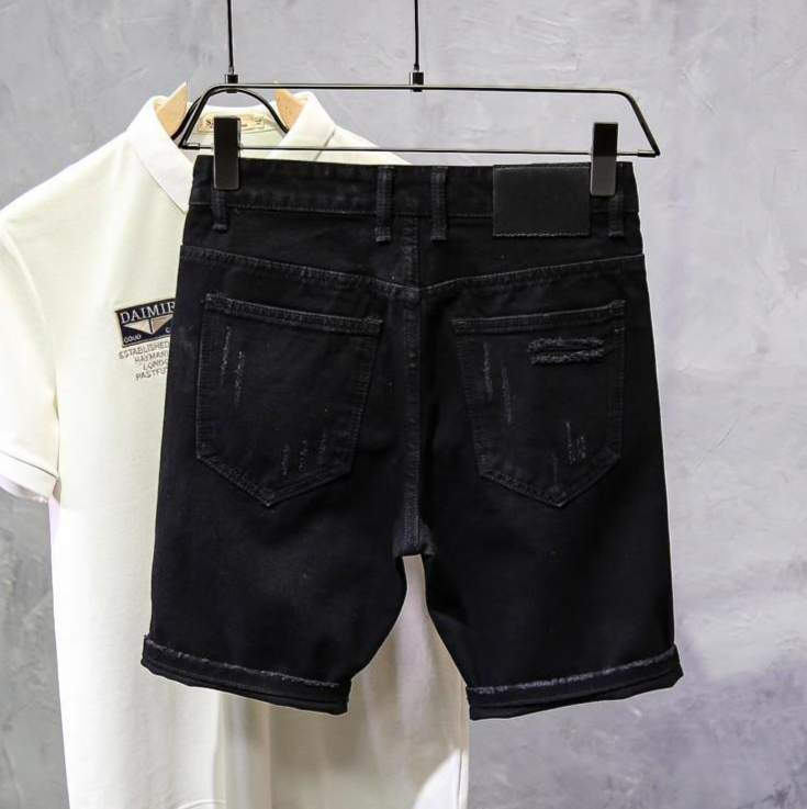 Foreign Trade Black Denim Shorts Men's Summer Thin Style Cat Whisker Ripped Personality Ink Splash Slim Fit Small Feet Cool Cross Border_voghion.com