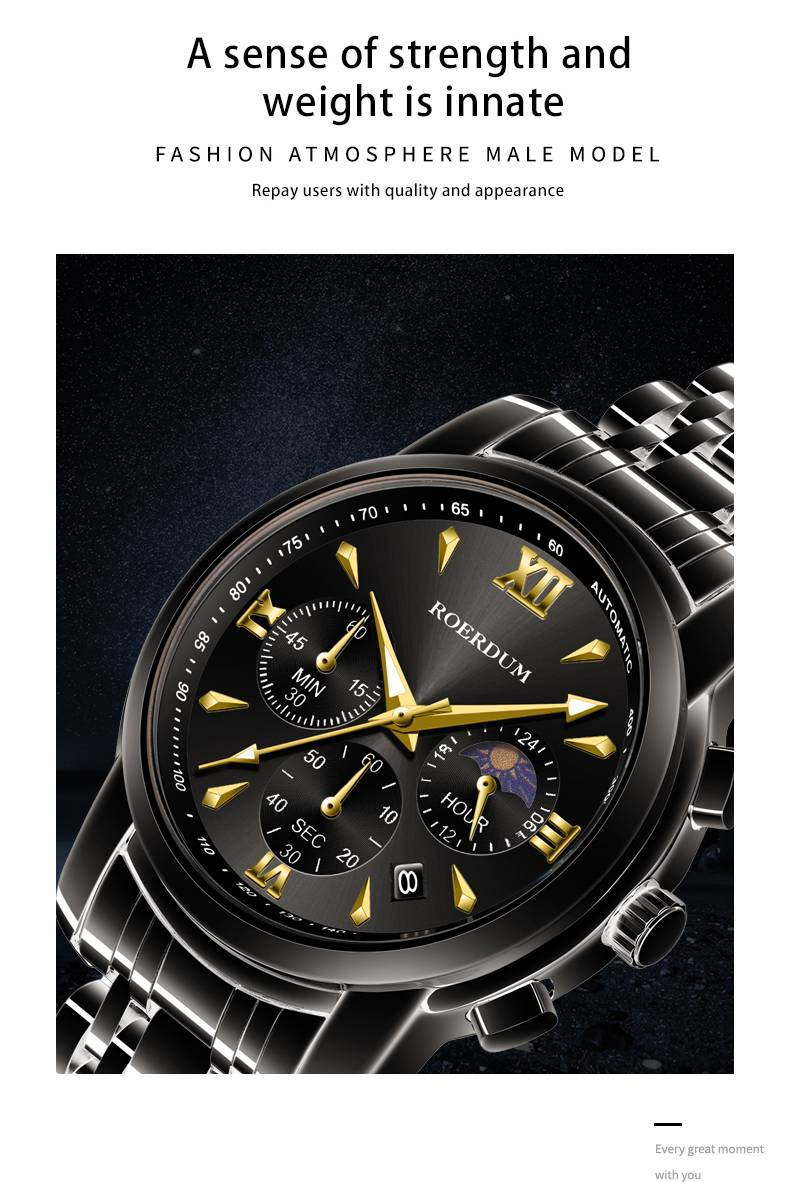 ROERDUM Cool Play Series - Quartz Movement,Stainless Steel Bracelet,Black Dial,Casual & Stylish Men's Watch_voghion.com