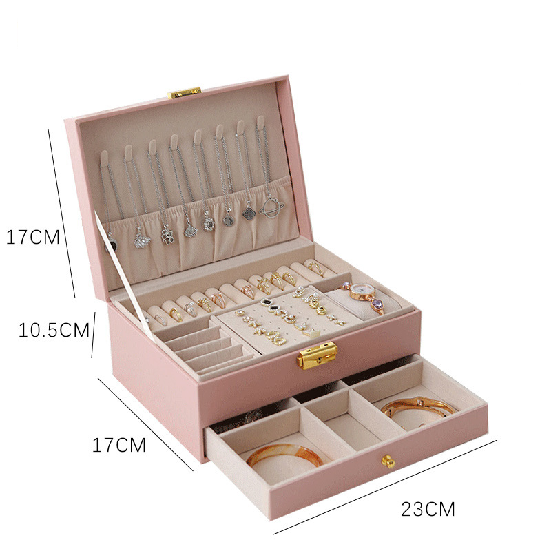Doppelschichtige Schmuckschatulle aus Leder im Schubladenstil, hochwertige Ohrring-Handschmuckschatulle, Ohrring-Ohrring mit Schloss, Schmuck-Aufbewahrungsbox_voghion.com