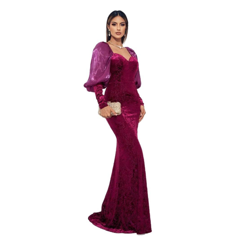Robe de soirée élégante à manches longues et col en V pour spectacles et galas – Robe longue coupe ajustée avec détails brodés_voghion.com