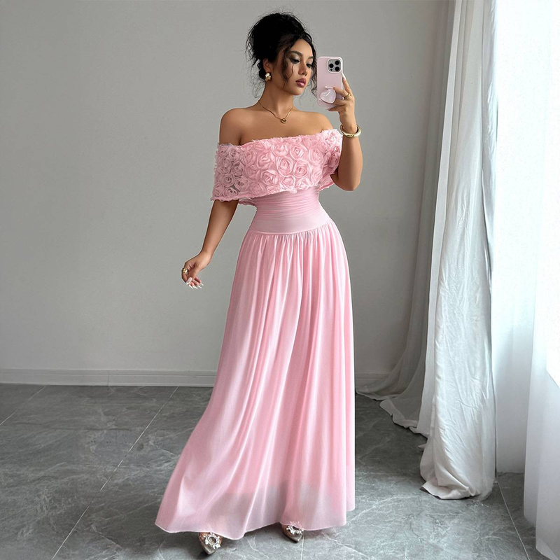 Elegante abito lungo senza spalline con stampa floreale - Abito in maglia a trapezio con vita alta per donna, comodo ed elegante_voghion.com