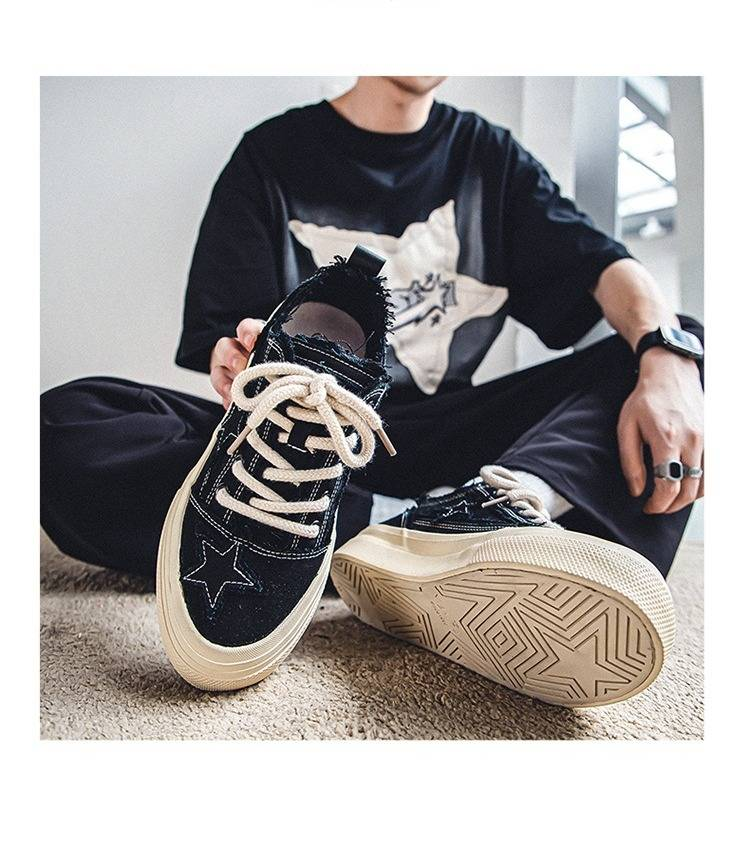 Baskets plates en denim pour homme, style rétro, à semelle épaisse et motif étoiles, chaussures en toile décontractées très tendance._voghion.com
