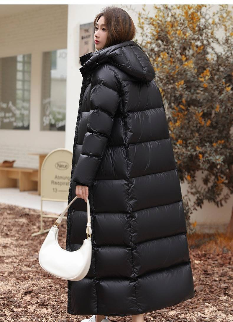Aidannom Black-Gold 95% White Duck Down Long Puffer Coat Women's Knee-Length Ultra-Warm Winter Jacket With High Neck_voghion.com