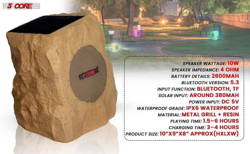 5 Core Rock Speaker Outdoor Waterproof Bluetooth Garden Speakers Solar & USB Charging RGB Colors For Patio Pool & Home_voghion.com