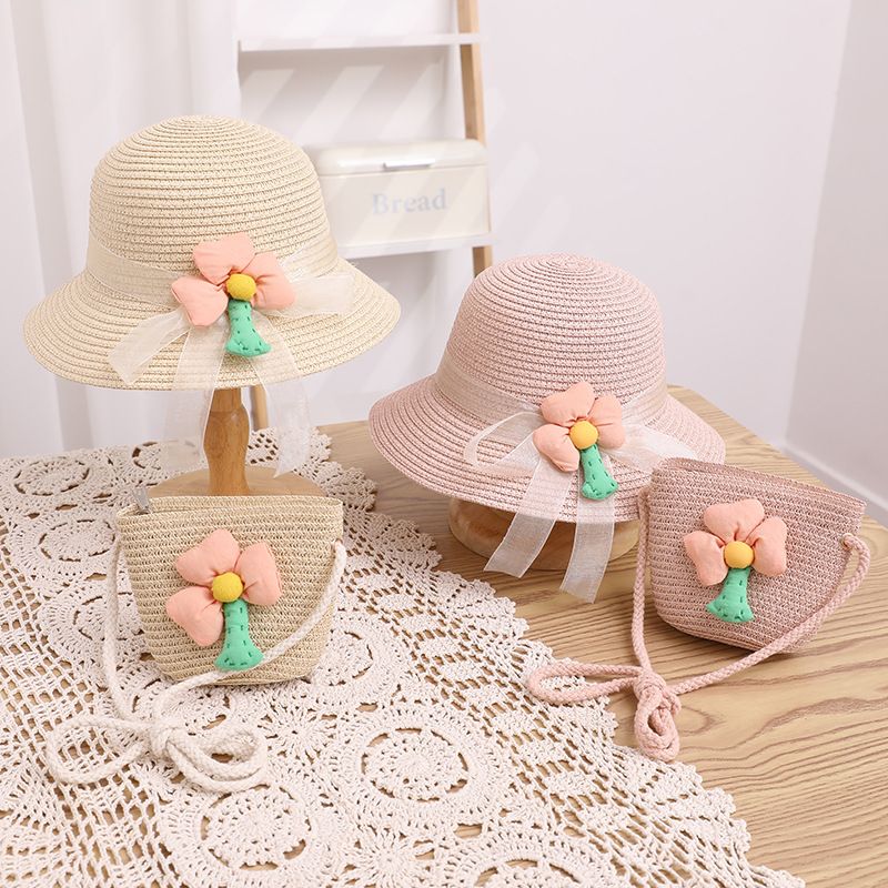 Set di borse di paglia estive per bambine con protezione solare per bambini, dolce e carina bambina, cappello parasole a tesa larga, cappello alla moda_voghion.com