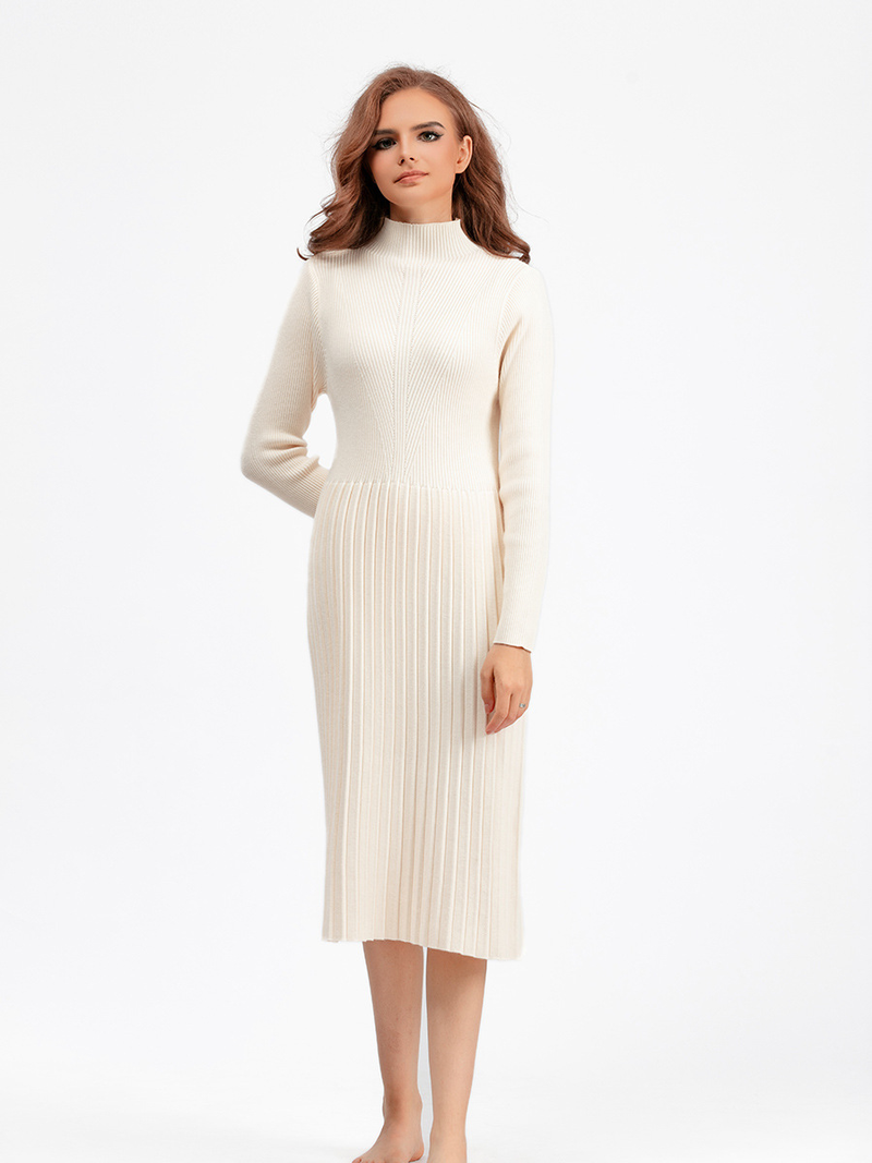 Einfarbiges, halbhohes, verdicktes, knielanges Midi-Taillenkleid für Damen_voghion.com