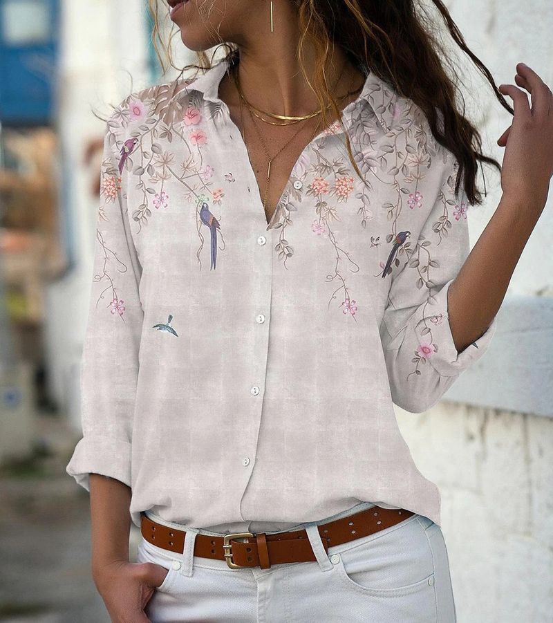 Camicia da donna monopetto a maniche lunghe con risvolto largo, stampata da donna_voghion.com
