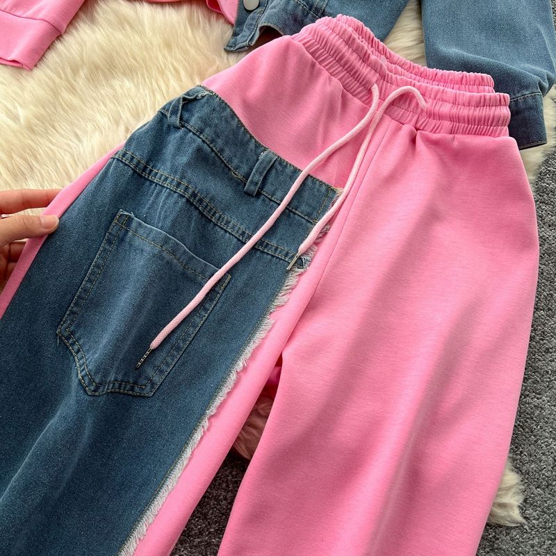 Casual Suit For Women Fashionable Design Splicing Hooded Sweatshirt High Waist Denim Splicing Wide Leg Pants Two Piece Set_voghion.com