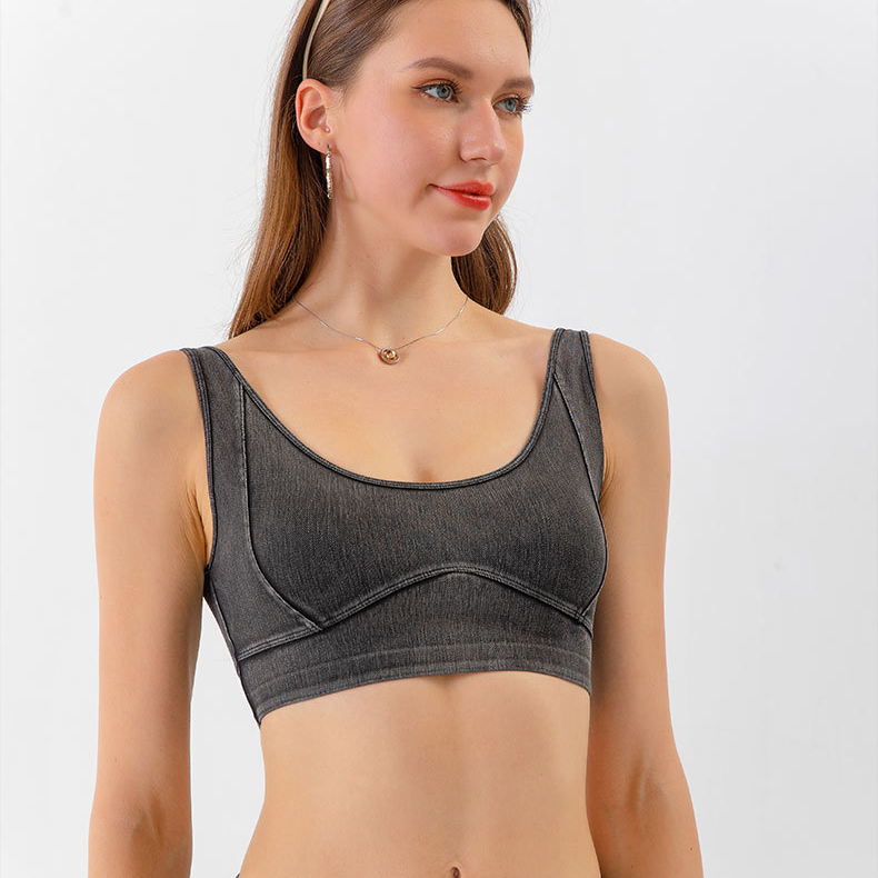 Reggiseno fitness push-up antiurto ad alta resistenza elastico aderente da donna in denim per yoga_voghion.com