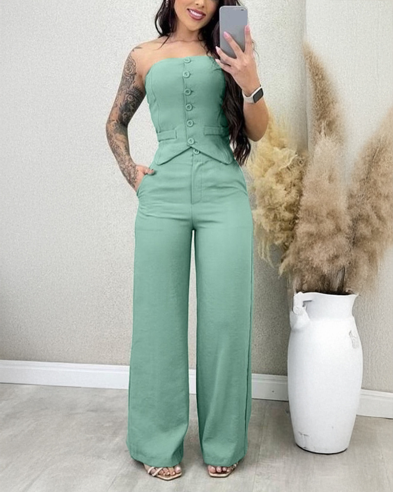Women's Clothing Standing Tube Top Button Vest Opening Closing Placket Wide Leg Trousers Suit_voghion.com