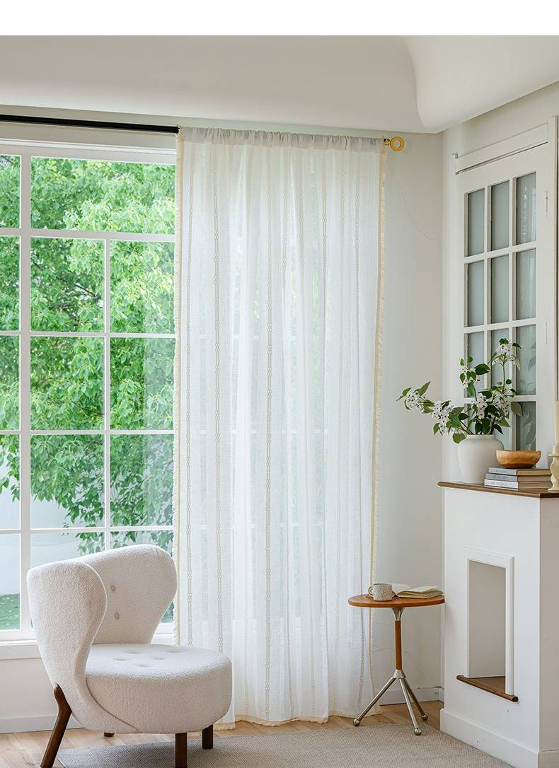 Cortinas de mistura de linho japonês - Painel de janela semitransparente com listras bordadas para cozinha/quarto, vários tamanhos e cores, bolso para haste/ganchos/ilhós_voghion.com