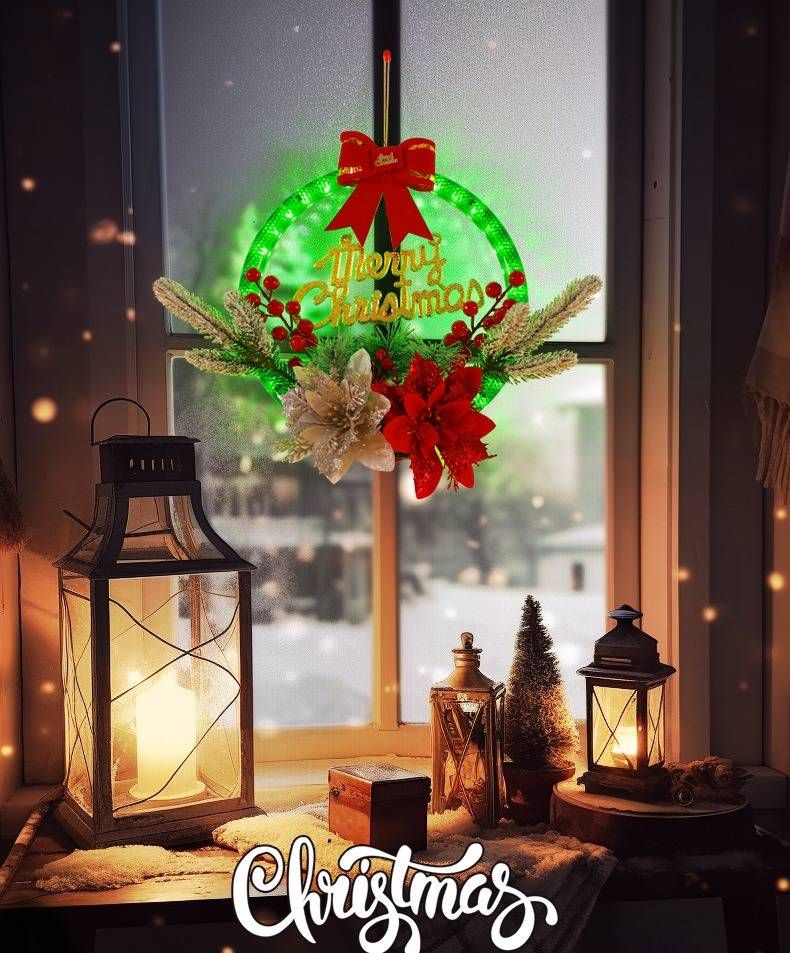 Corona navideña iluminada con LED: adorno colgante para ventana DIY con bayas artificiales y luces brillantes para festividades._voghion.com