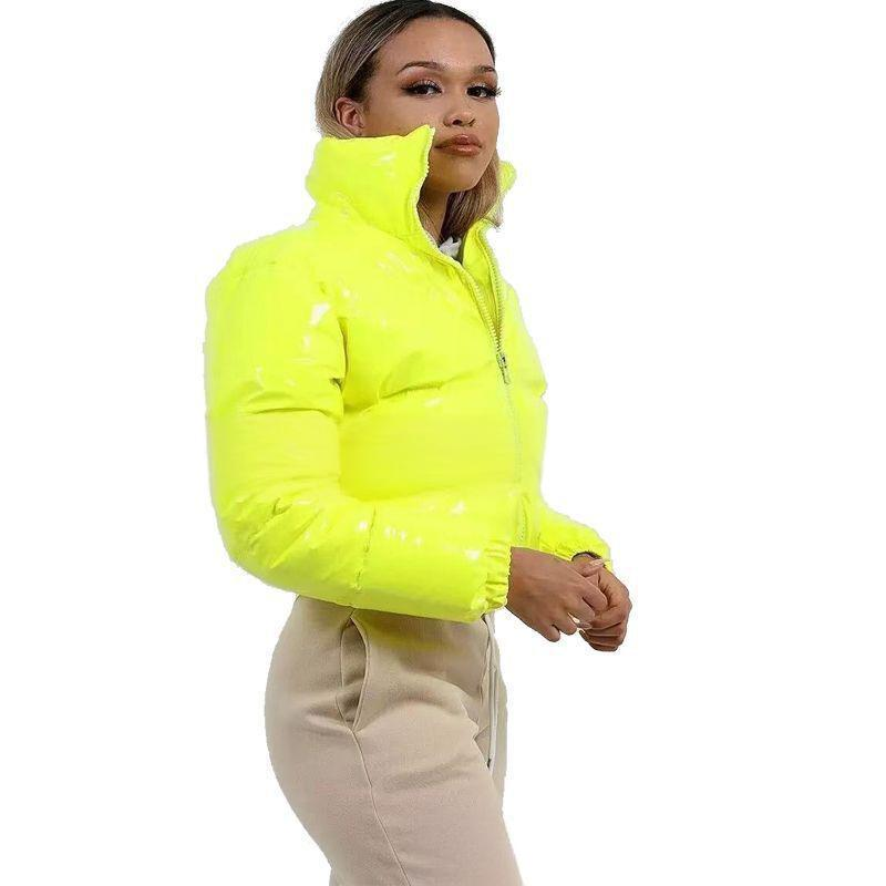 Puff Sleeve Winter Coat For Women - Shiny Quilted Jacket With Stand Collar, Lightweight Warmth, Trendy Streetwear & Office Wear_voghion.com