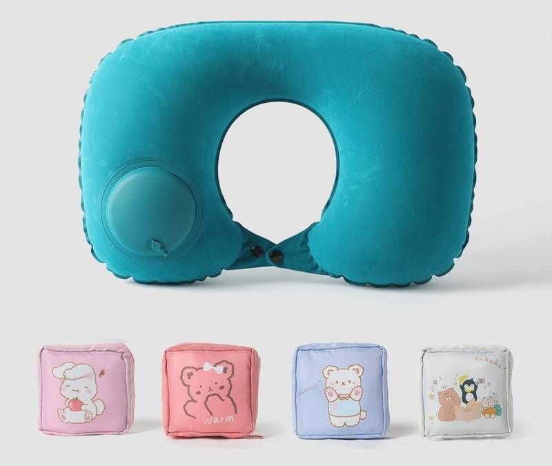 Aufblasbares U-förmiges Nackenkissen für unterwegs – ultraweiche Milchseide und Fleece, tragbar und kompakt mit Aufbewahrungstasche (mehrere Farben und Designs)_voghion.com